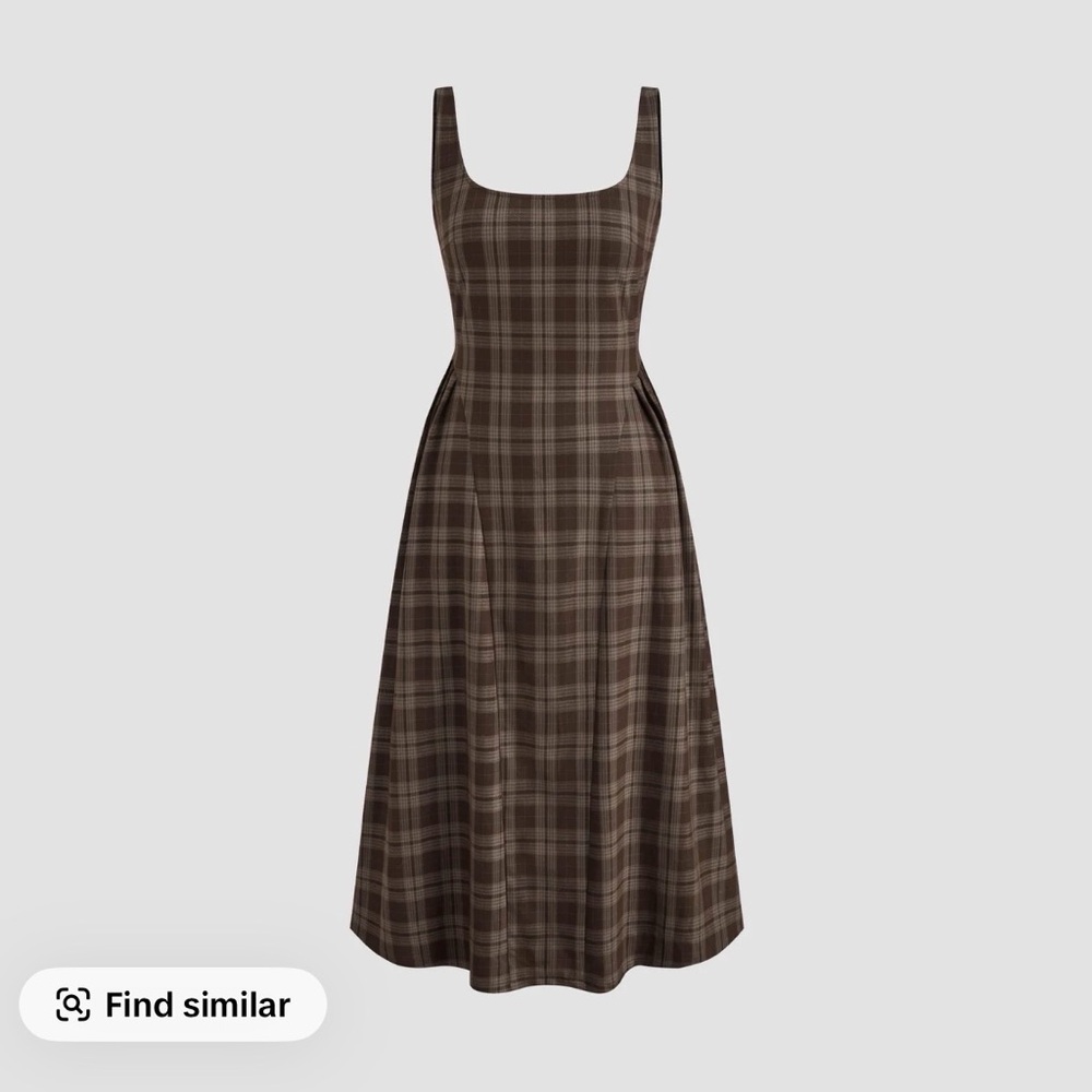 SQUARE NECK CHECK PLEATED ZIPPER MAXI DRESS - large